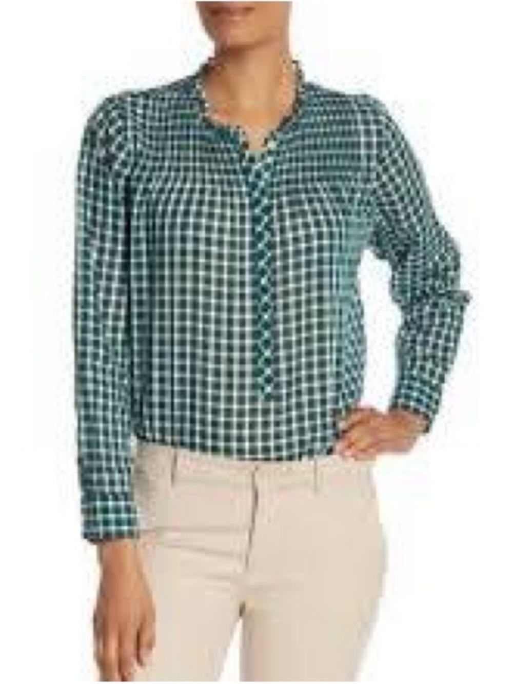 J.Crew Classic Popover Ruffle Long Sleeve Top, Green/ White Gingham- Size 8
